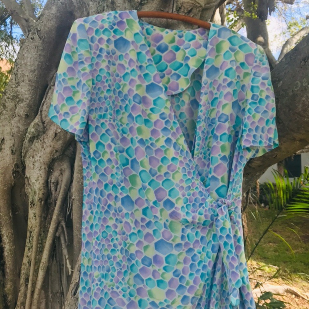 Vintage Retro 80’s Patterned Wrap Waist Dress - Picture 3 of 6